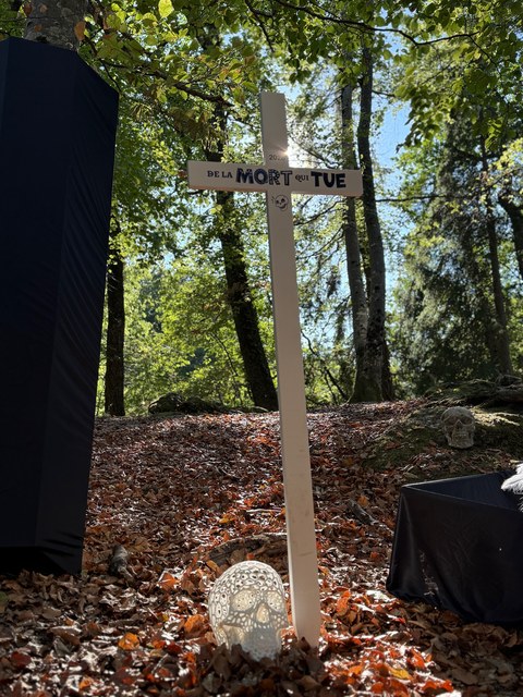 Croix De la mort qui tue en forêt Croix en bois « De la mort qui tue » 2026 plantée en forêt, avec des crânes décoratifs à son pied